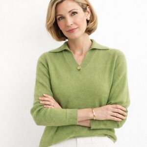 Prive 100% Cashmere Green Split Neck Button Collared Sweater Small